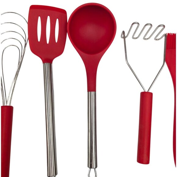 Kitchen Tool LOT OF 9 Red Silicon Tongs Wisk Ladle Spoon Brush Potato Masher - Picture 6 of 10